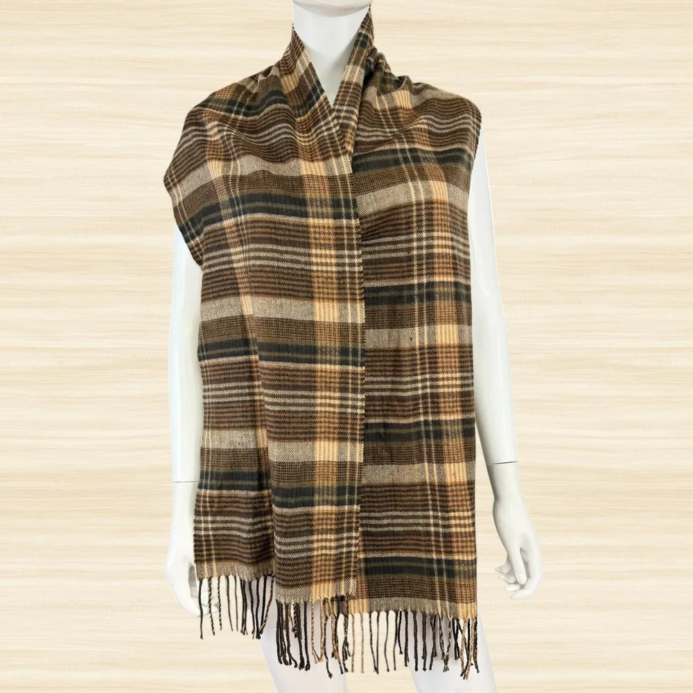 Cashmere Blend Plaid Scarf Brown Tan Tartan Fringe Italy Design Classic Preppy